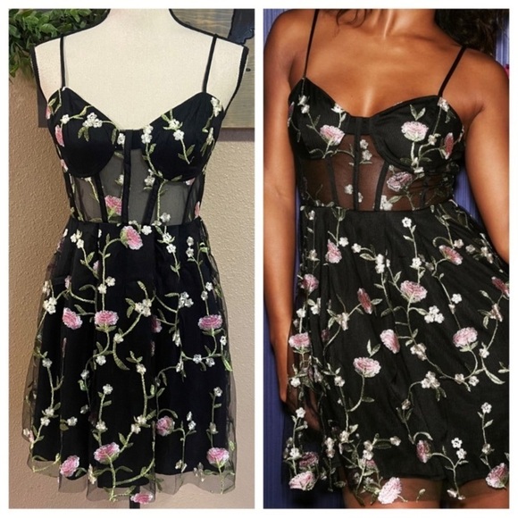 Lulus naturally charming black floral embroidered bustier mini dress - Picture 2 of 15